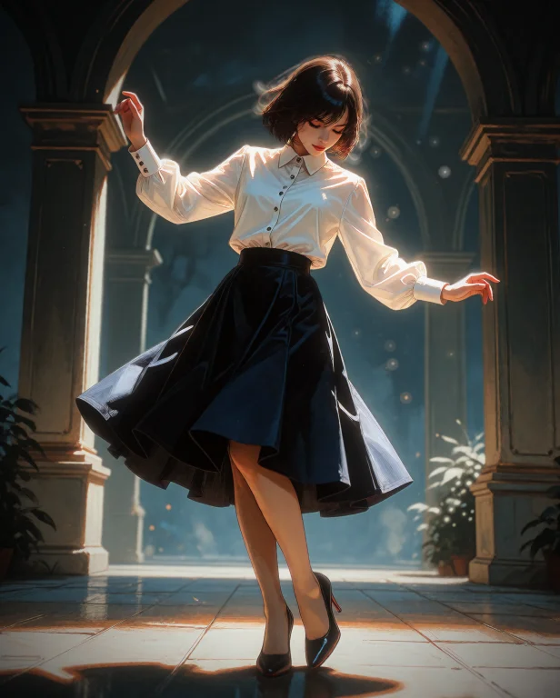 A Woman, Dancing, Wearing A-line Skirt, Tucked-in Button-up...