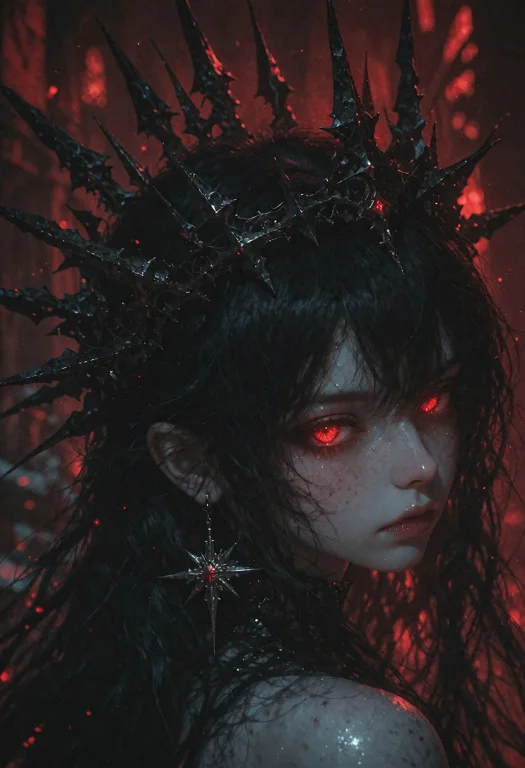 Pale Skin, Long Black Hair, Red Eyes Glowing With Inner Ligh...