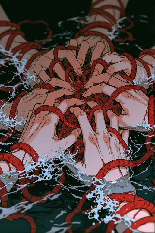 Rough Inked Dark Manga Sketch, Multiple Pale Hands Submerged...