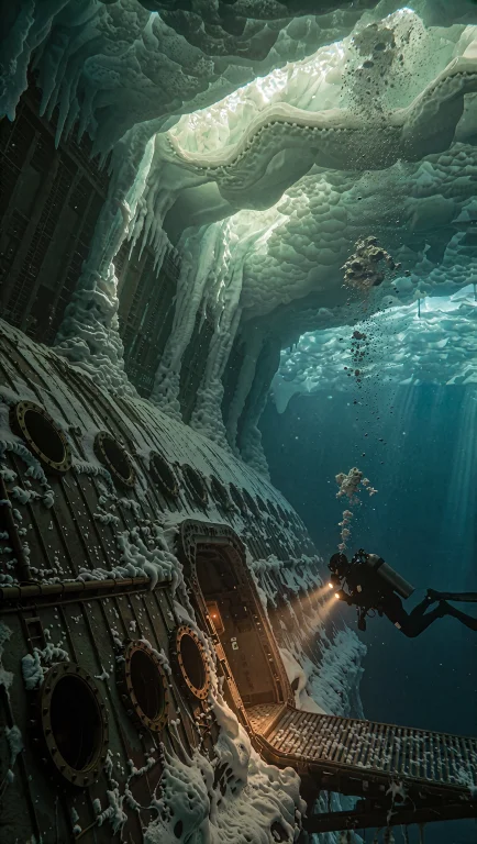 Dcsc1f1. Wide Underwater Shot Beneath A Thick Arctic Ice She...