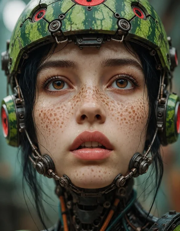 1girl, Solo, Brown Eyes, Parted Lips, Watermelon Helmet, Fre...