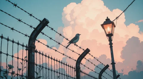 Nature, Zidiusart, A Small Bird Perched On The Curved Barbed... — Stable Diffusion AI Prompt: Nature, zidiusArt, a small bird perched on the curved barbed wire of a tall weat...
