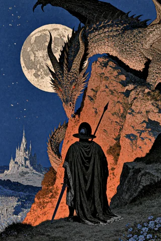 Velnari, , A Lone Knight Stands On A Jagged Cliff Edge, Faci... — Stable Diffusion AI Prompt: velnari, , A lone knight stands on a jagged cliff edge, facing a colossal dragon...