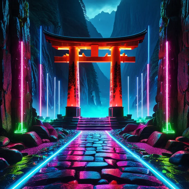 A Towering Torii Gate Glowing Against A Dark Mountain, Wet S...