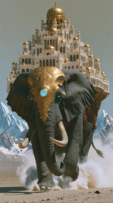 A Colossal, Grey-skinned Elephant Charges Across A Vast, Des...