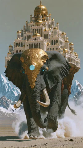 A Colossal, Grey-skinned Elephant Charges Across A Vast, Des... — Stable Diffusion AI Prompt: A colossal, grey-skinned elephant charges across a vast, desolate plain from a l...