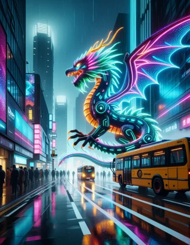 1. A Colossal Cyberpunk Dragon Coiled Around A Rain-soaked M... — SDXL AI Prompt: 1. A colossal cyberpunk dragon coiled around a rain-soaked megacity, every scale...