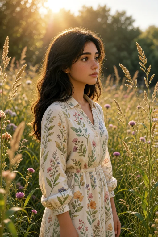 Golden Hour Portrait Of A Woman Standing In A Field Of Tall...