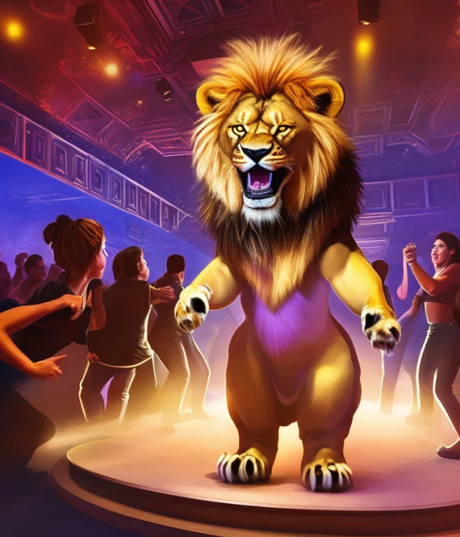 An Anthropomorphic1.2 Lion Dancing Inside A Night Club, Peop...