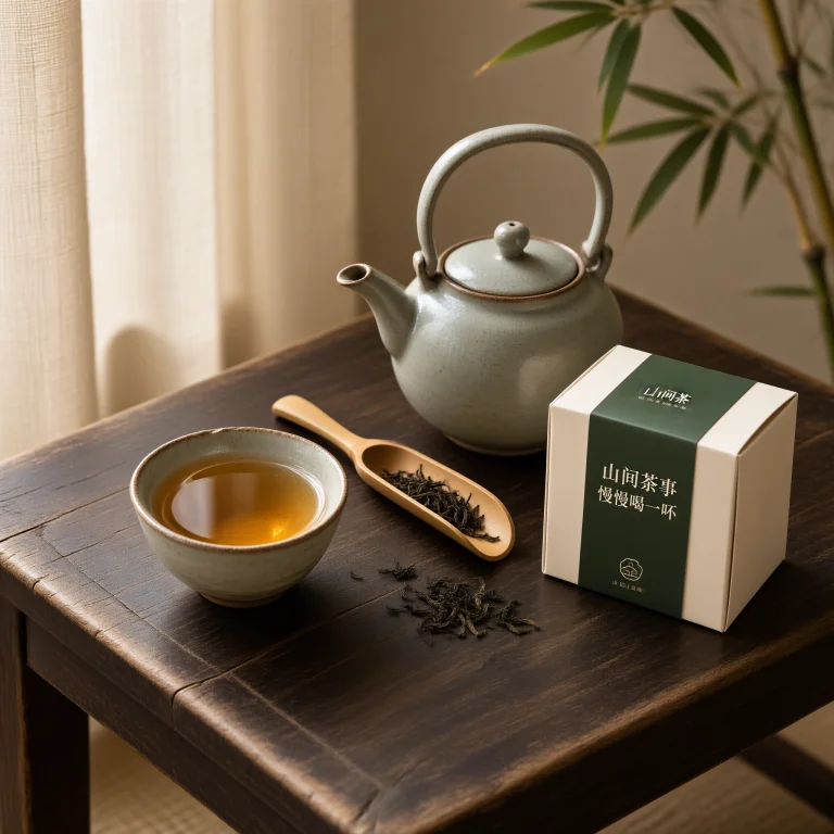 一张精致但自然的正方形茶桌静物照片,没有海报标题。老旧深色木...