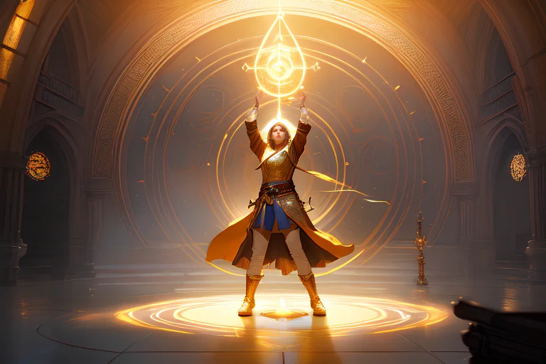 A Young Cleric Casting A Divine Spell On A Circle, Golden Li...