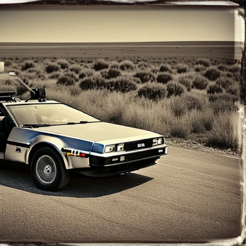 A Delorean Being Chased By Indians Across The Plains In 1885... — Stable Diffusion AI Prompt: a DeLorean being chased by Indians across the plains in 1885 AnalogFilm768-BW-ti...