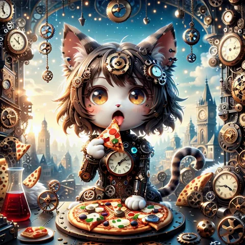 Subject Cute Cat, Open Mouth, Looking At Viewer, Eating A Pi... — SDXL AI Prompt: Subject: cute cat, open mouth, looking at viewer, eating a pizza, chibi style, s...