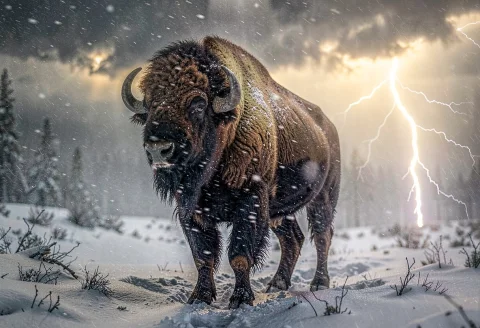 A Bison Standing Steady In A Snowstorm, Golden Ratio Composi... — Stable Diffusion AI Prompt: a bison standing steady in a snowstorm, golden ratio composition, during a thund...