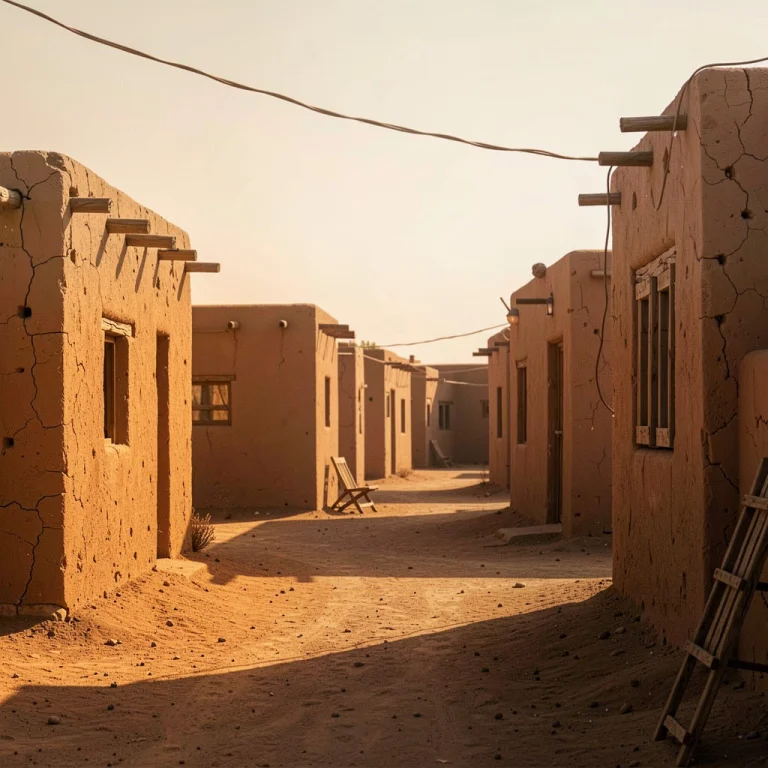 A Desert Adobe Village Warmed By Evening Light, Harsh Midday...