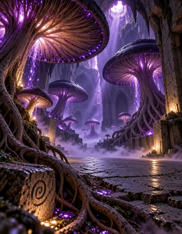3xpl0r3 Dung30n, Photorealistic, Same Fungal Forest Cavern,... — Stable Diffusion AI Prompt: 3xpl0r3 dung30n, photorealistic, same fungal forest cavern, ground-level view th...