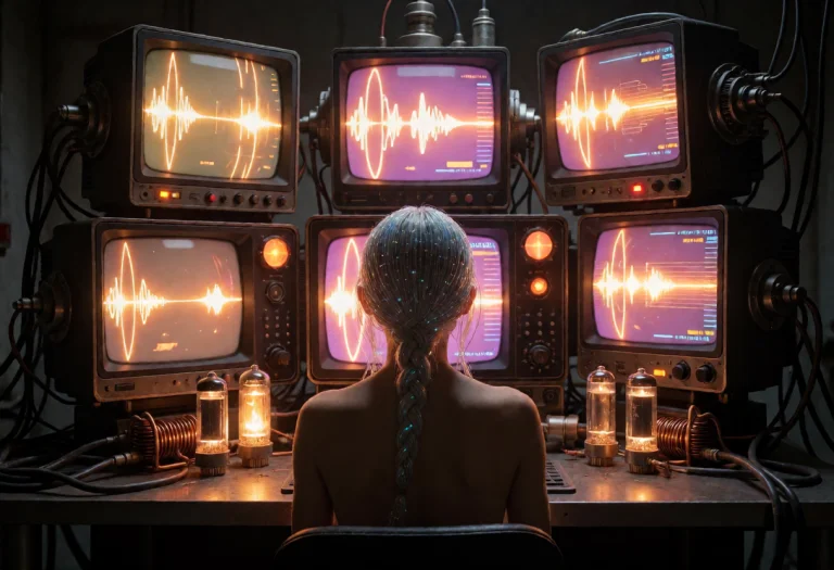 An Android Viewed From Behind With Braided Fiber-optic Hair...