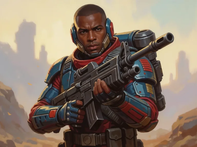 Black Man In Blue Red Power Armor Holding Rifle Desert Lands...