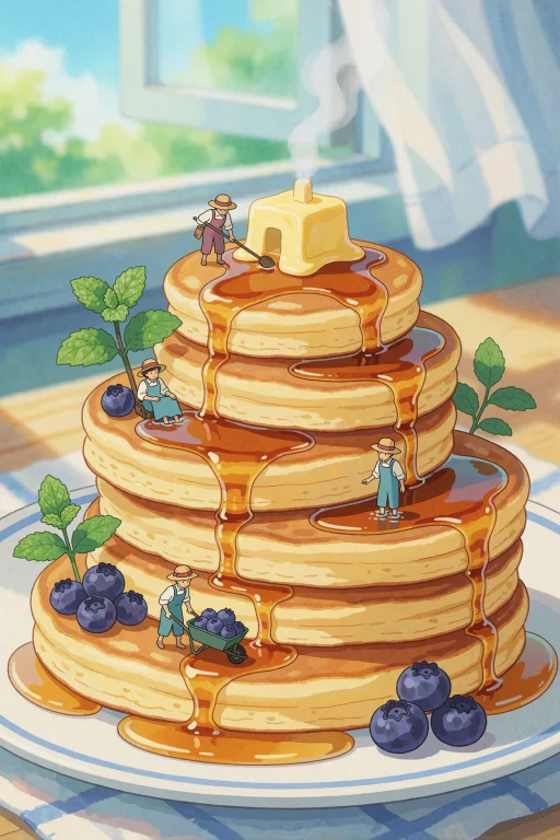 Ghibli Style Illustration, A Tall Stack Of Fluffy Pancakes O...
