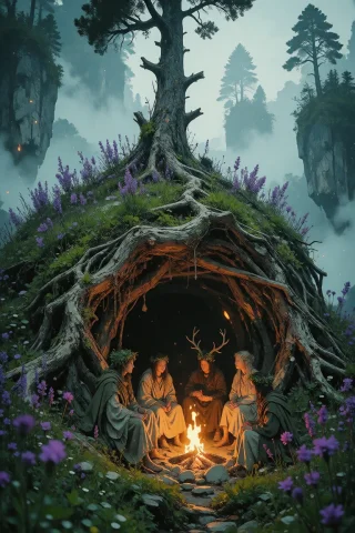 Nature, A Vertical Fantasy Landscape Painting Featuring A Gr... — Stable Diffusion AI Prompt: nature, A vertical fantasy landscape painting featuring a group of five druids o...