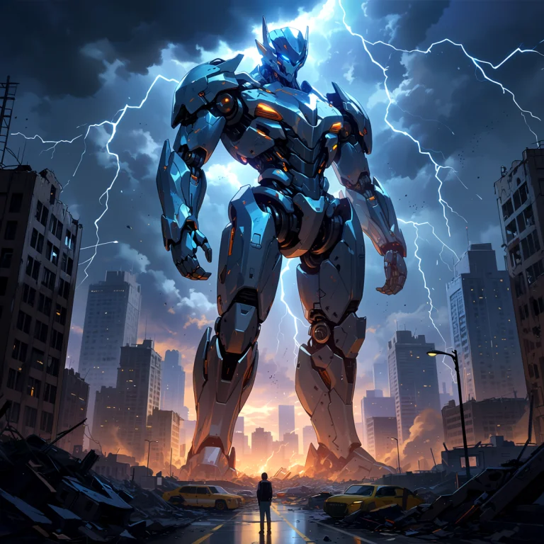 A Wide Shot Of A Colossal Robotic Giant Towering Over A Ruin...