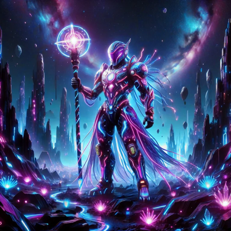 Colorful Led Lights, Futuristic Astronaut Wizard Standing On...