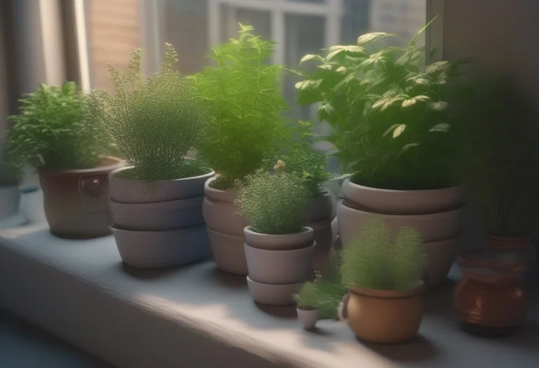 A Windowsill Herb Garden In Mismatched Pots, Pixar Style 3d,...