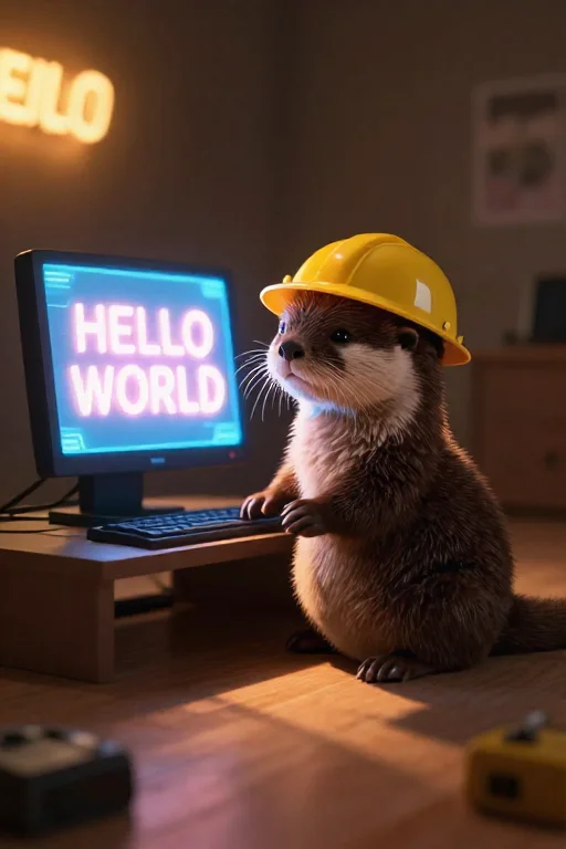 A Mischievous Baby Otter Wearing A Tiny Yellow Developer Hel...
