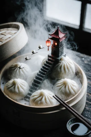 Zidiusart. A Photograph Of A Bamboo Steamer Basket Opened On... — Stable Diffusion AI Prompt: ZIDIUSART. A photograph of a bamboo steamer basket opened on a dark wooden table...