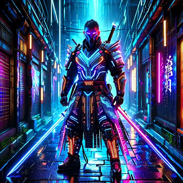 Led, Colorful Led Lights, A Cyberpunk Samurai Standing In A...