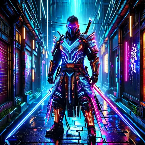 Led, Colorful Led Lights, A Cyberpunk Samurai Standing In A... — SDXL AI Prompt: LED, colorful LED lights, a cyberpunk samurai standing in a rain-soaked alleyway...