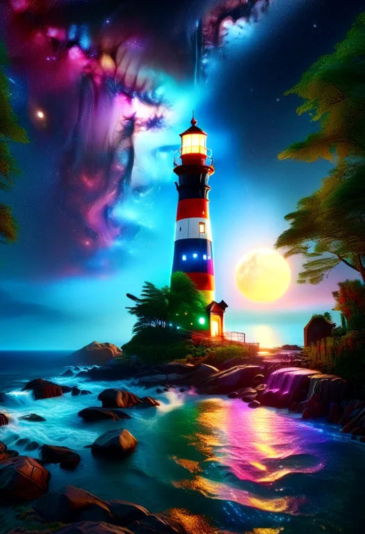 Led, Colorful Led Lights, Lighthouse Make Of Led, Sea, Neon...