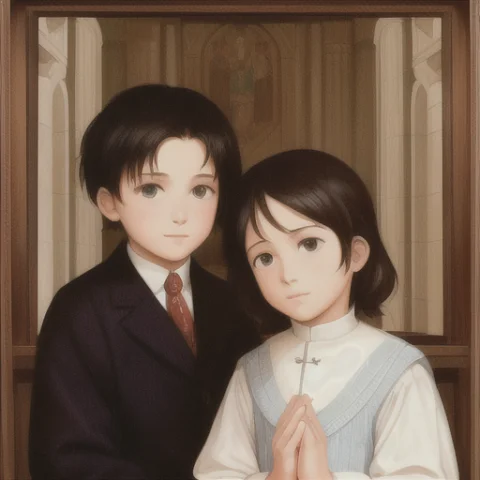 Portrait Of Two Boys, Siblings, Church, Praying, E. Charlton... — Stable Diffusion AI Prompt: portrait of two boys, siblings, church, praying, E. Charlton Fortune