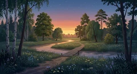 A Peaceful Narrow Wooden Footbridge Crossing A Small Winding... — Stable Diffusion AI Prompt: A peaceful narrow wooden footbridge crossing a small winding river in a lush mea...