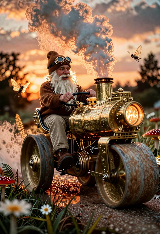 A Cheerful Gnome With A Long White Beard Drives A Golden Bra...