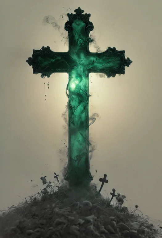 Highly Detailed. 8k. A Buried Broken Emerald Cross Glazed By...