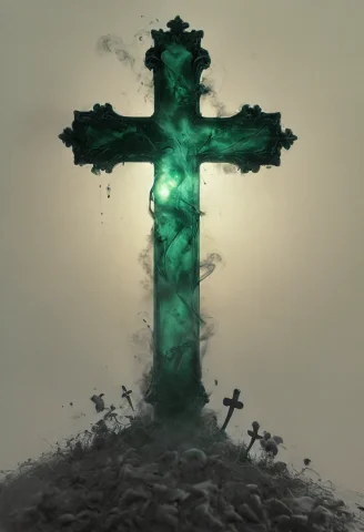 Highly Detailed. 8k. A Buried Broken Emerald Cross Glazed By... — SDXL AI Prompt: Highly detailed. 8k. a buried broken emerald cross glazed by the sun emitting sm...