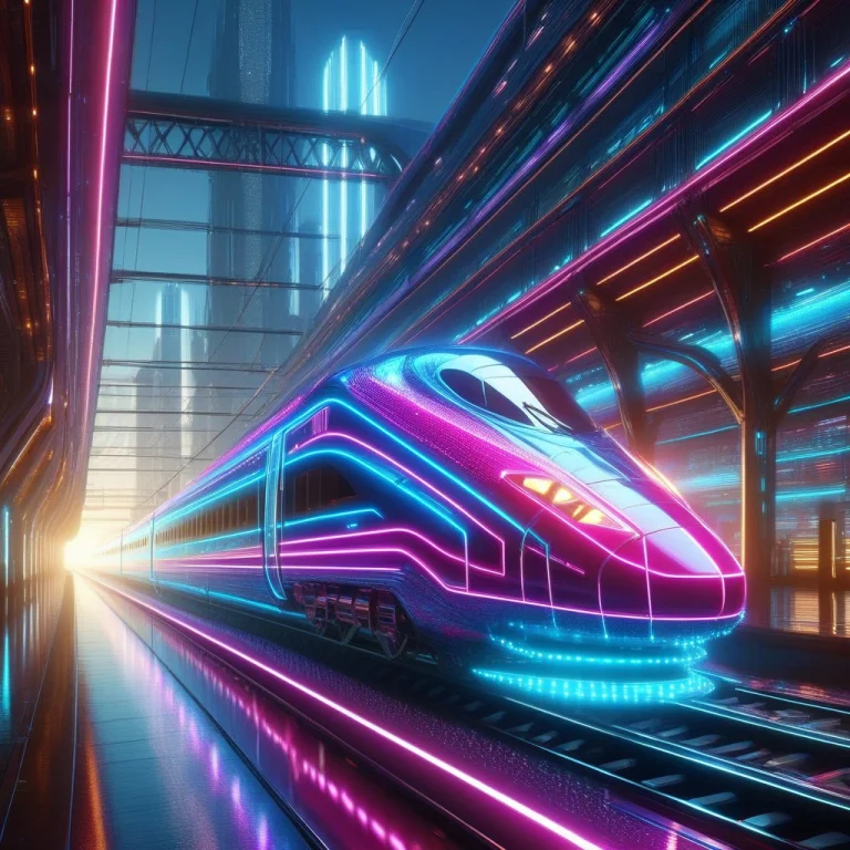 A Futuristic Bullet Train Rendered In Radiant Neon, Blending...