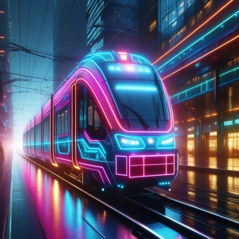 A Futuristic Tram Rendered In Radiant Neon, Blending High-fa...