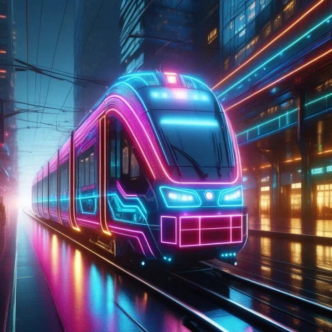 A Futuristic Tram Rendered In Radiant Neon, Blending High-fa... — SDXL AI Prompt: A futuristic tram rendered in radiant neon, blending high-fantasy magical elemen...