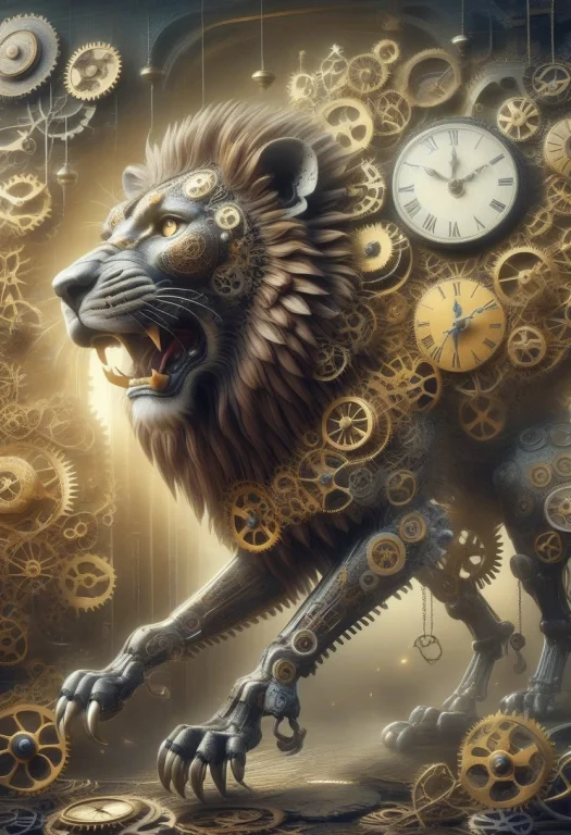 Steampunk Clockwork, A Roaring Lion Built Entirely From Bras...