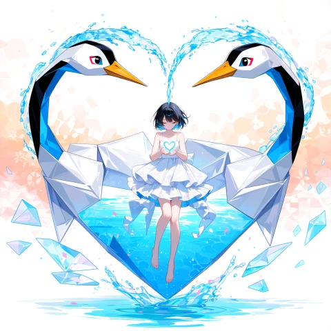 A Girl In A White Tiered Dress Levitates Gently, Surrounded... — Stable Diffusion AI Prompt: a girl in a white tiered dress levitates gently, surrounded by large origami cra...