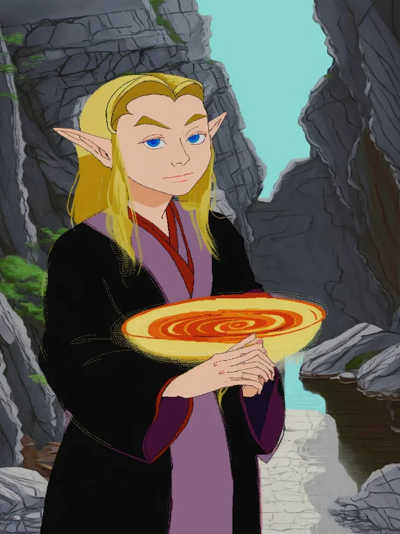 A Blonde Teen Elf Wearing A Black Kimono, Looking At Viewer...
