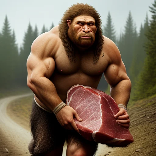 Neanderthal Gigachad Man Hauling Prey - Big Piece Of Meat To...
