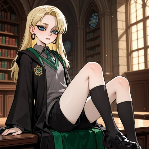 Femboy Draco Malfoy, Femdraco, 1girl, Blonde Hair, Long Hair... — Stable Diffusion AI Prompt: femboy Draco malfoy, femdraco, 1girl, blonde hair, long hair, asymmetrical bangs...