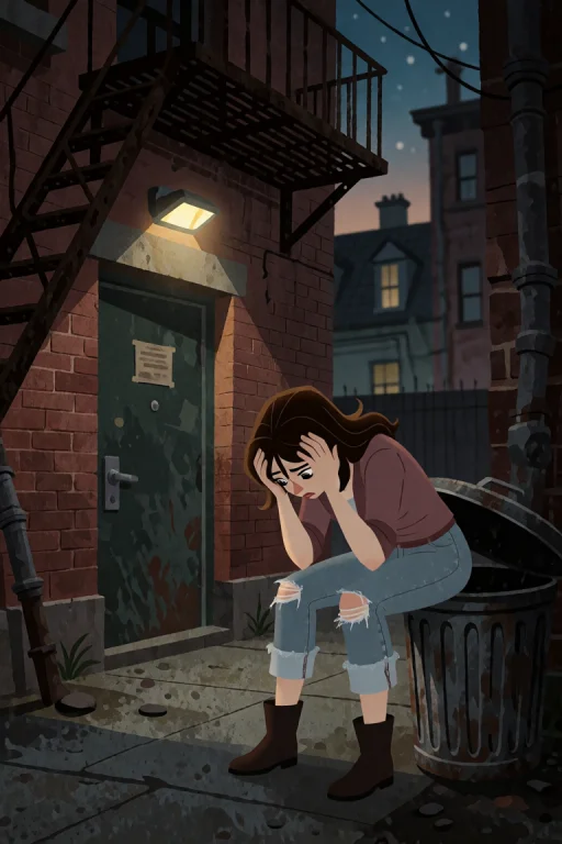 A Woman Sits On A Weathered Garbage Can In A Dimly Lit Alley...