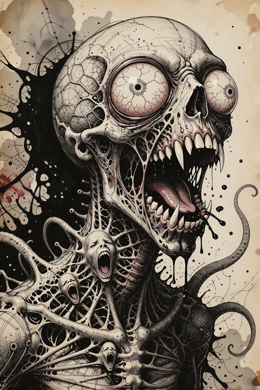 An Intensely Grotesque, Detailed Illustration In Raw Black B...