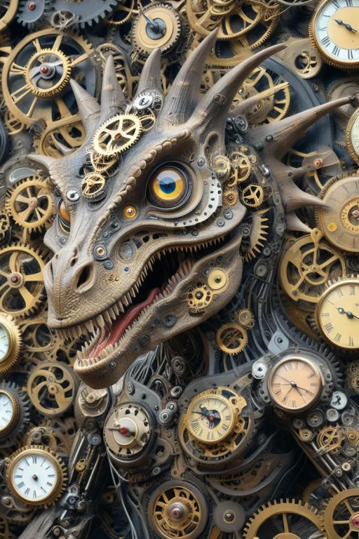 Close-up Portrait Of A Dino With Crazy Eyes. . . Clock Faces...