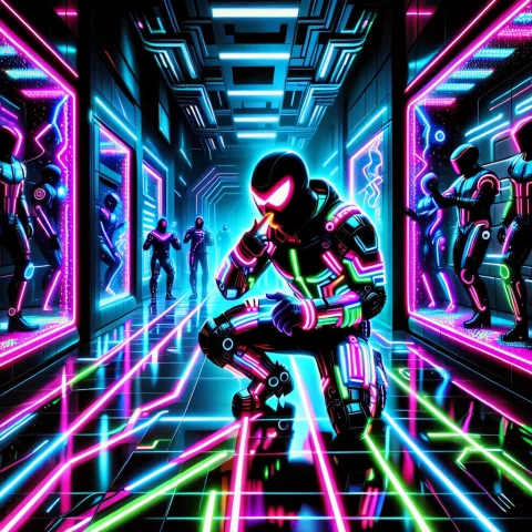 A Sneaky Burglar Trying To Quietly Tiptoe Through A Pitch-bl... — SDXL AI Prompt: A sneaky burglar trying to quietly tiptoe through a pitch-black futuristic museu...