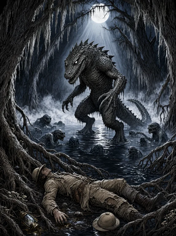A Terrifying Reptilian Creature Emerges From The Dark Waters...